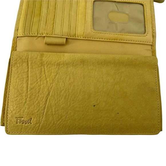 Fossil Wallet Yellow Genuine Leather Trifold Classic Checkbook Insert Pockets - Picture 4 of 10